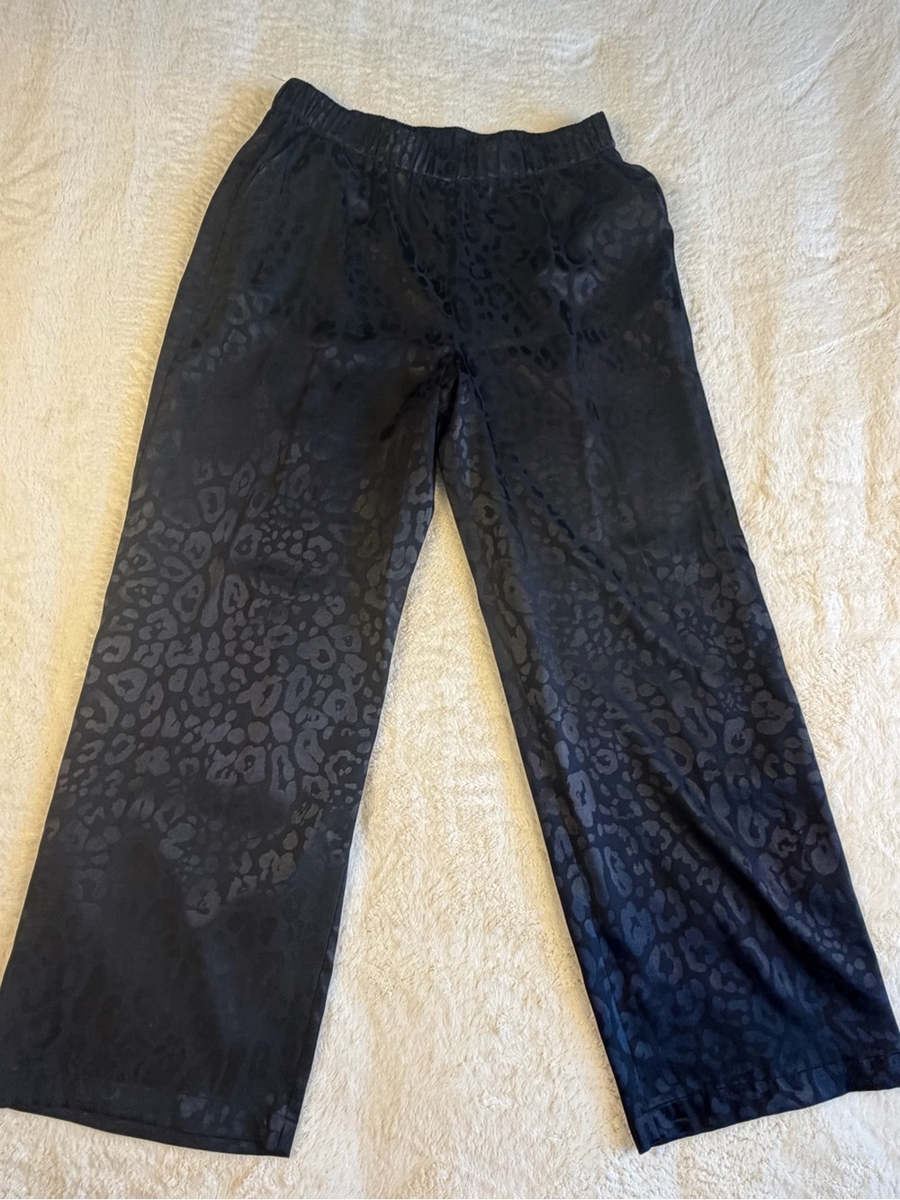 JM Collection Black Satin Leopard-Print Wide Leg Pants L